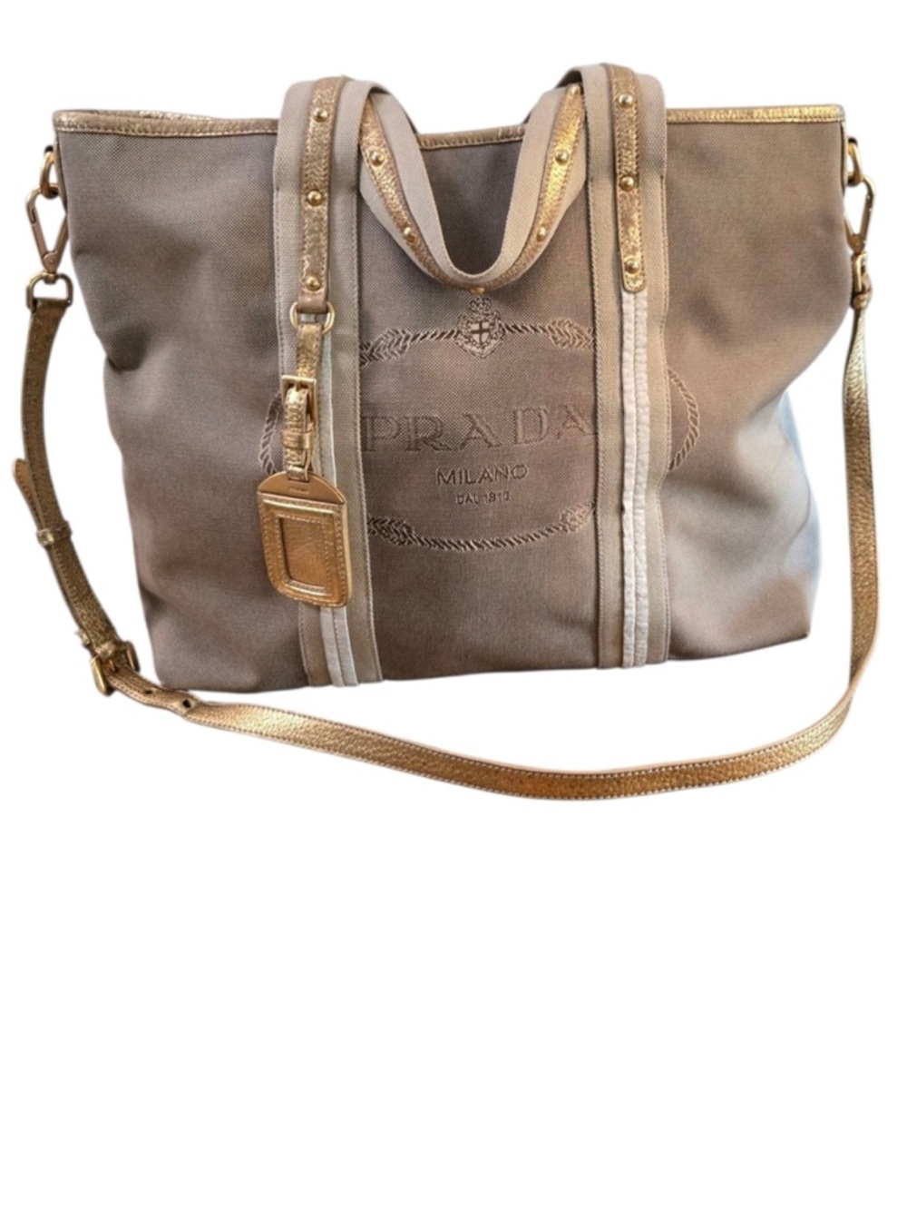 ✨Authentic Prada Canvas Tote with Gold Metallic Trim and Strap